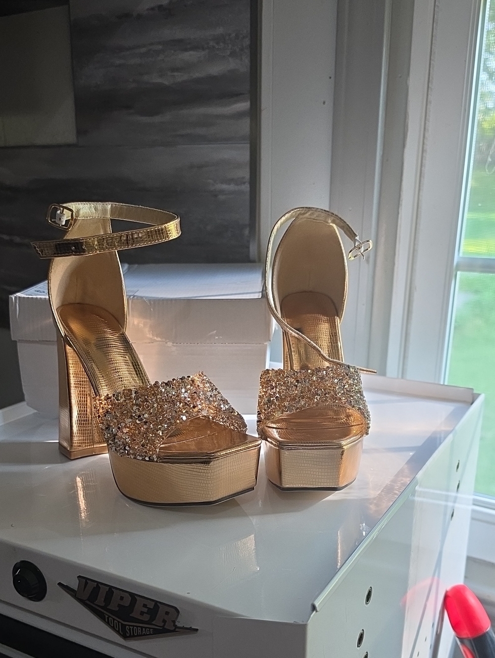 Gold Platform Ankle-Strap High Heels with Crystal Band Shein 6.5